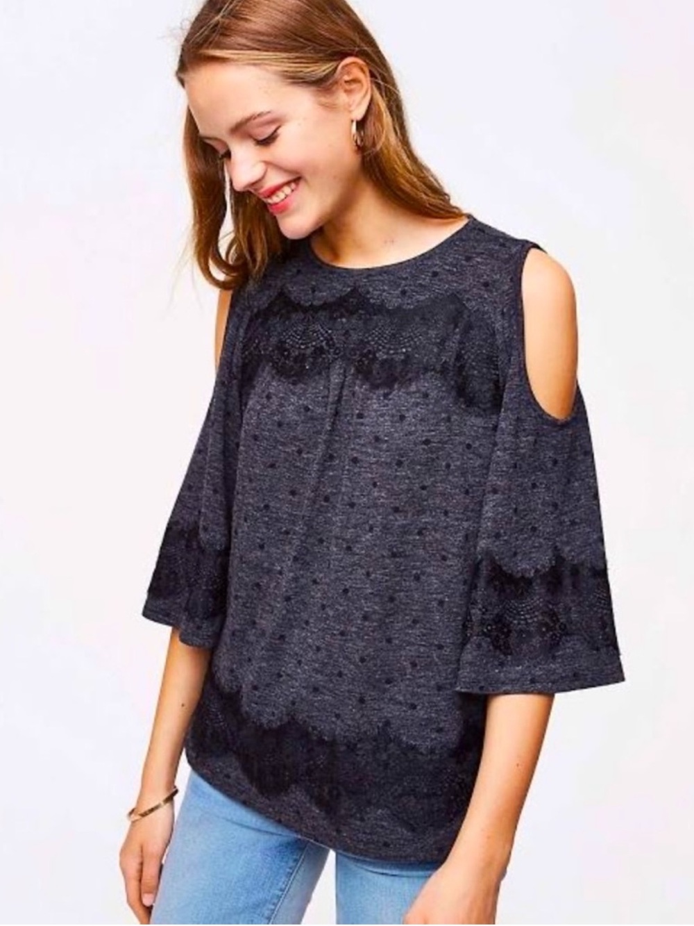NWT / LOFT 3/4 Sleeve Cold Shoulder Polka Dot Lace Top / Size L